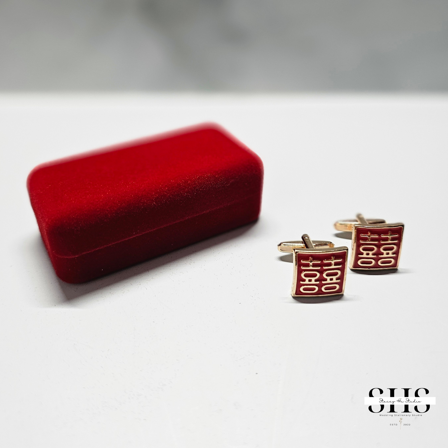 Square Double Happiness Cufflinks | Gold with Red Enamel