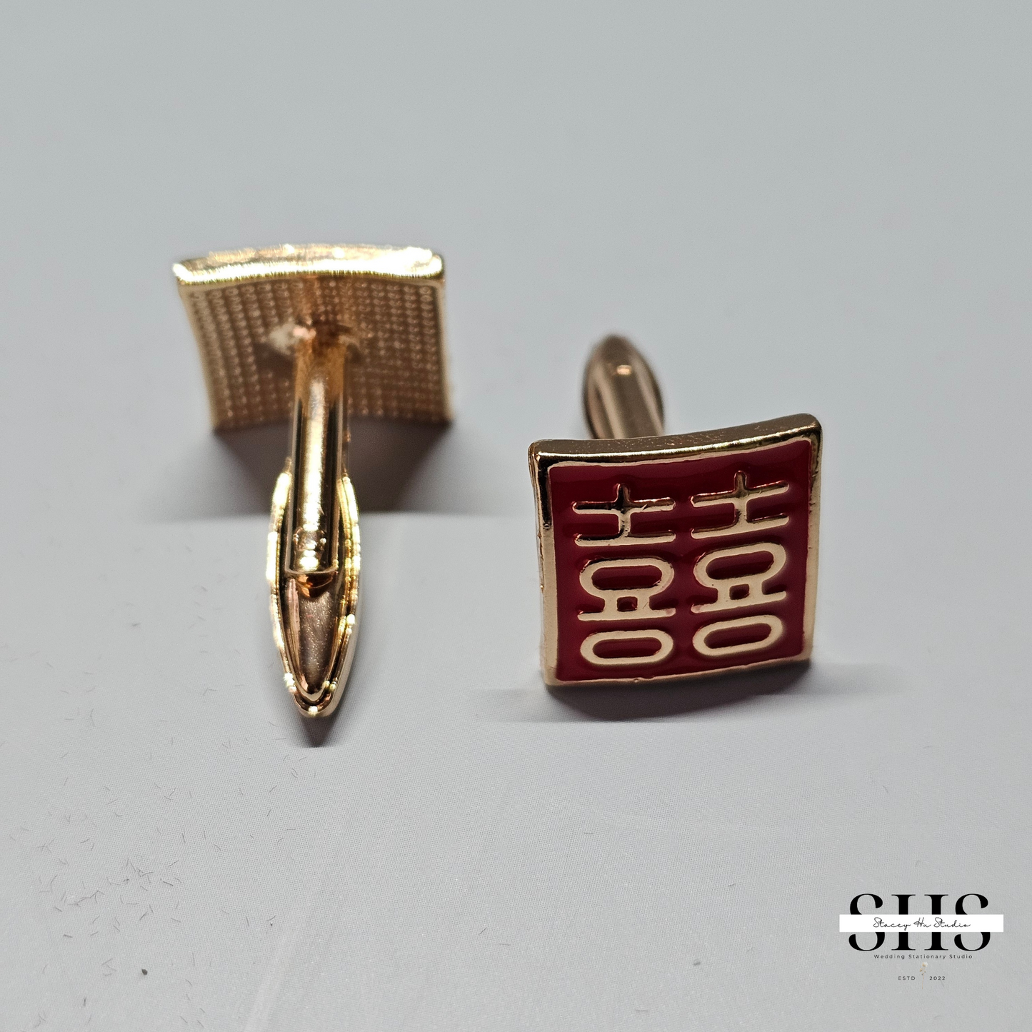 Square Double Happiness Cufflinks | Gold with Red Enamel