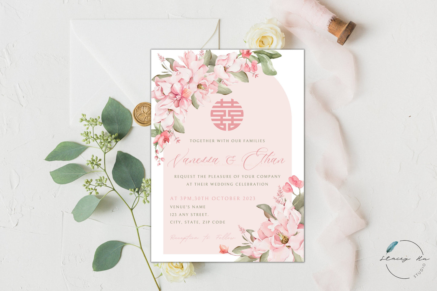 Blush Magnolia and Orchid Wedding Invitation Set | Traditional Chinese & English | 5x7