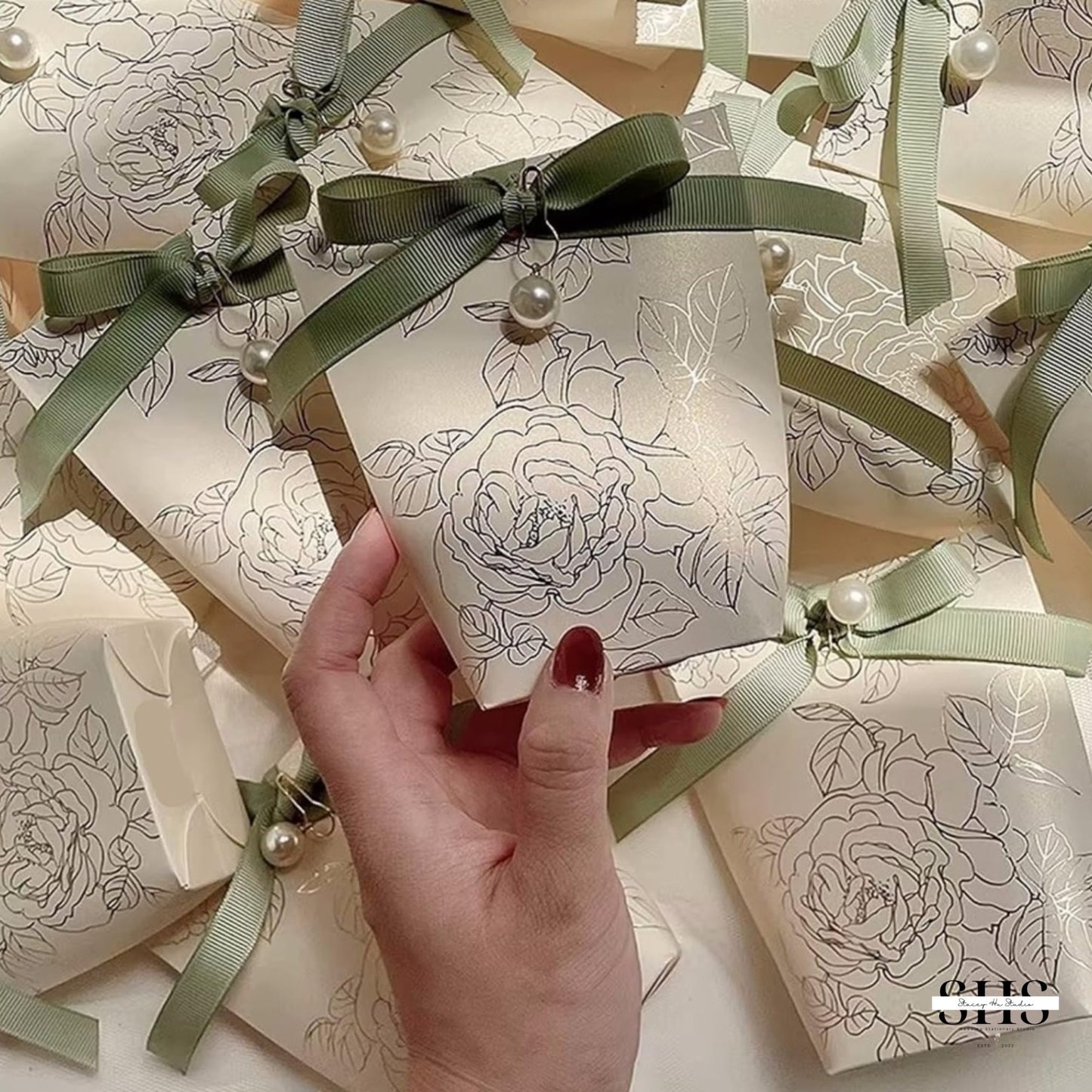 Silver Foil White and Sage Elegant French Style Party Favor Boxes | Small