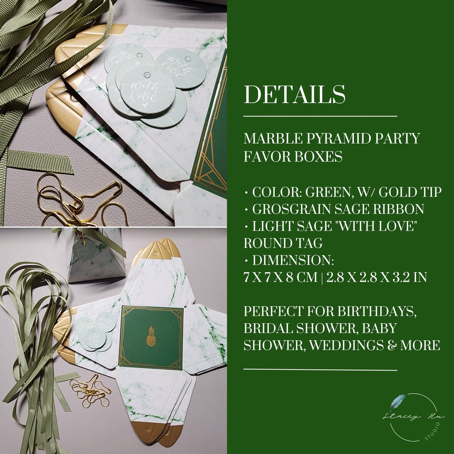 Green and White Marble Pyramid Party Favor Boxes | Small
