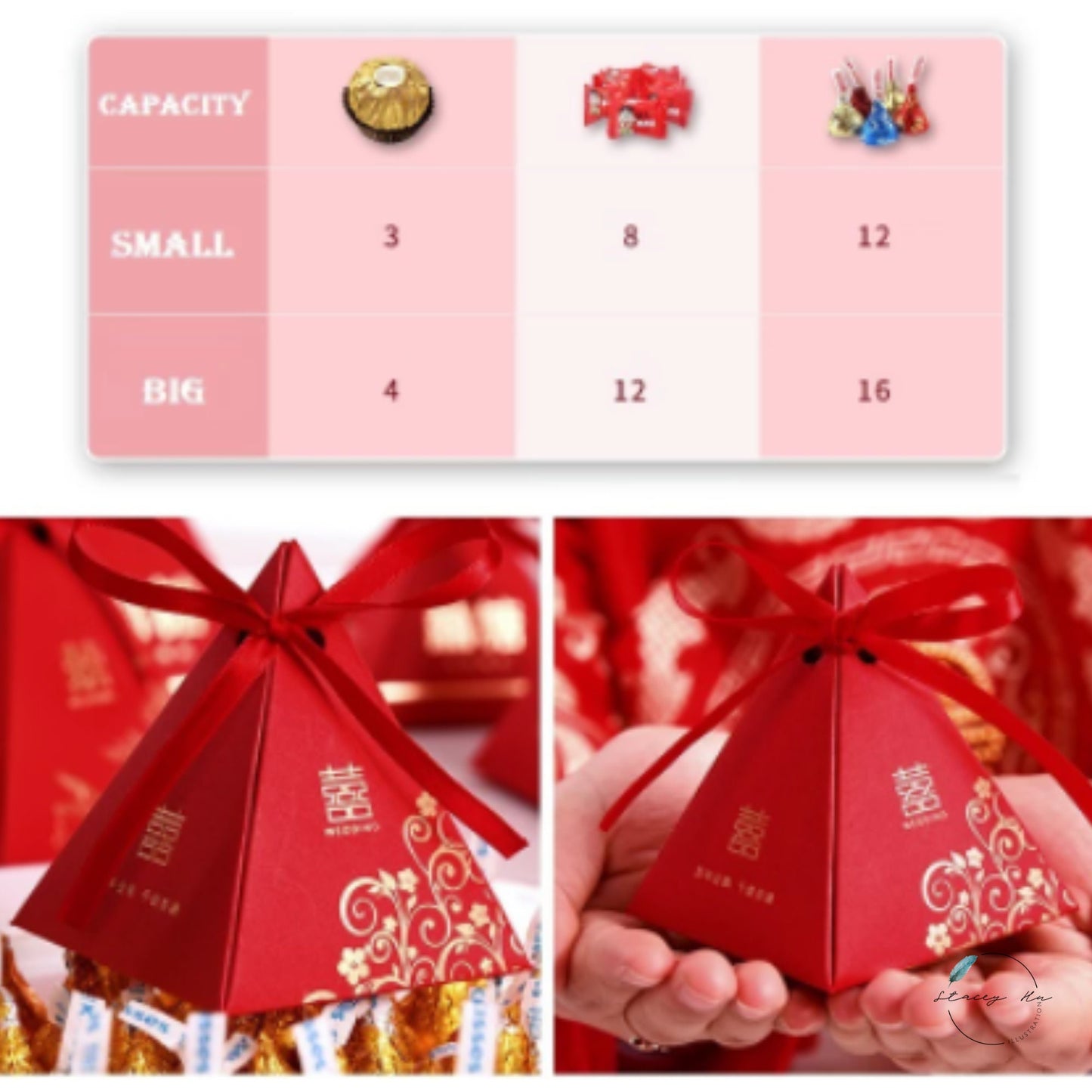 Plain Red & Gold Foil Plum Flower Pyramid Boxes | Small