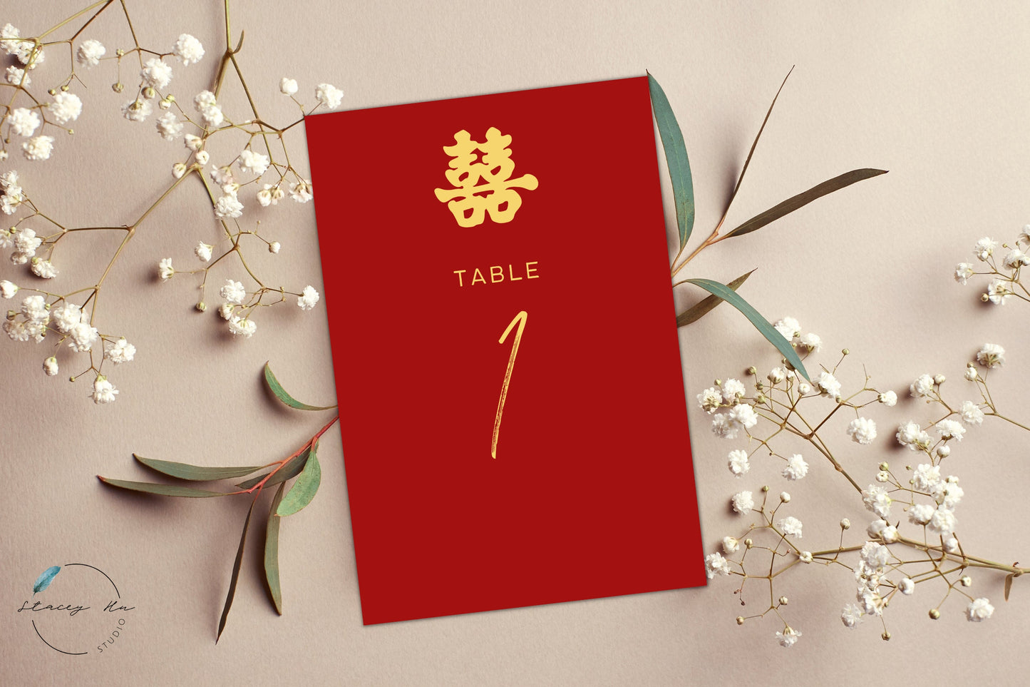 Red & Gold Simple Asian Wedding Table Number | 5x7 IN