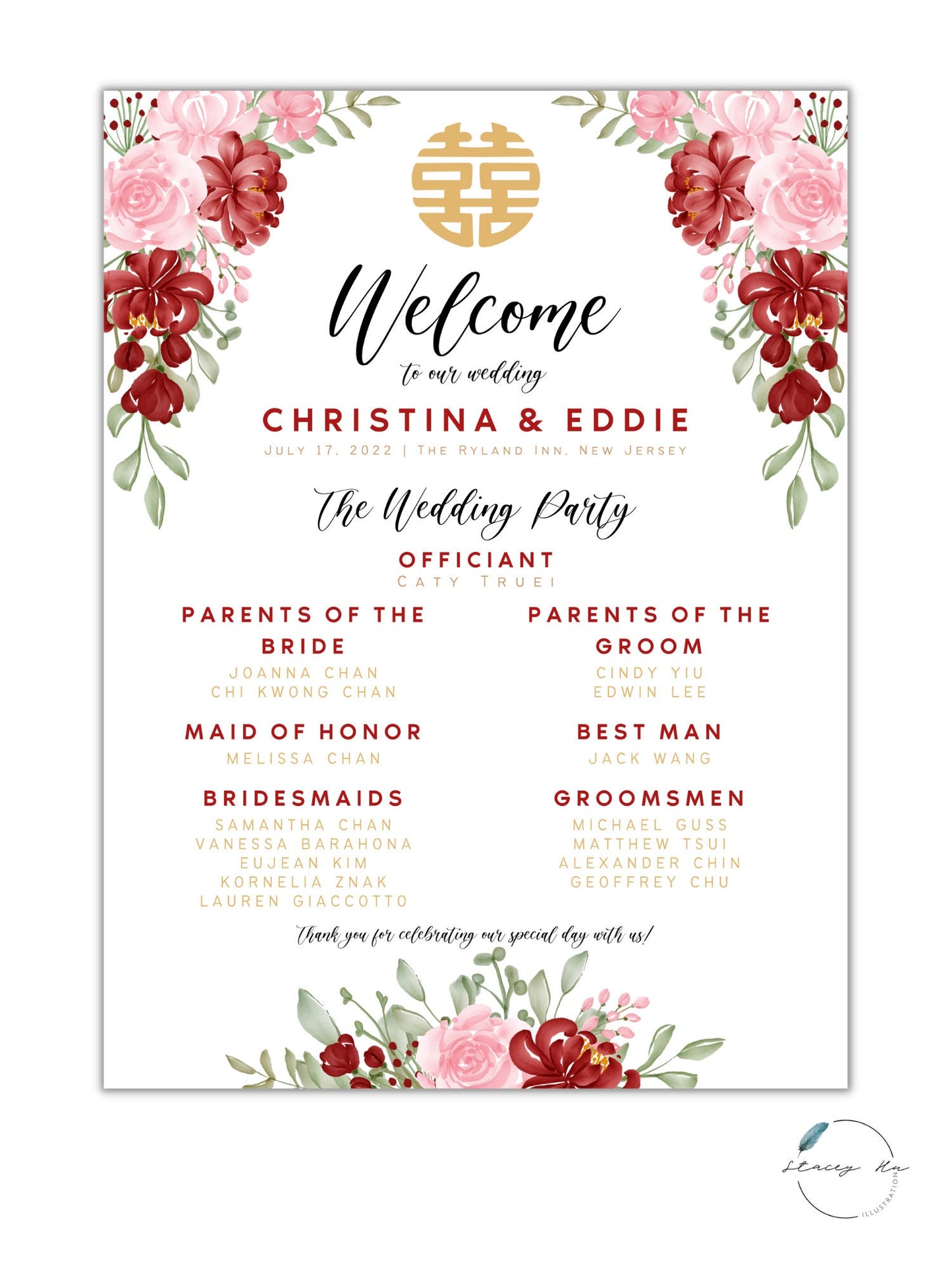 Red and Blush Floral Wedding Welcome and Party Sign | Portrait | 24x36 IN