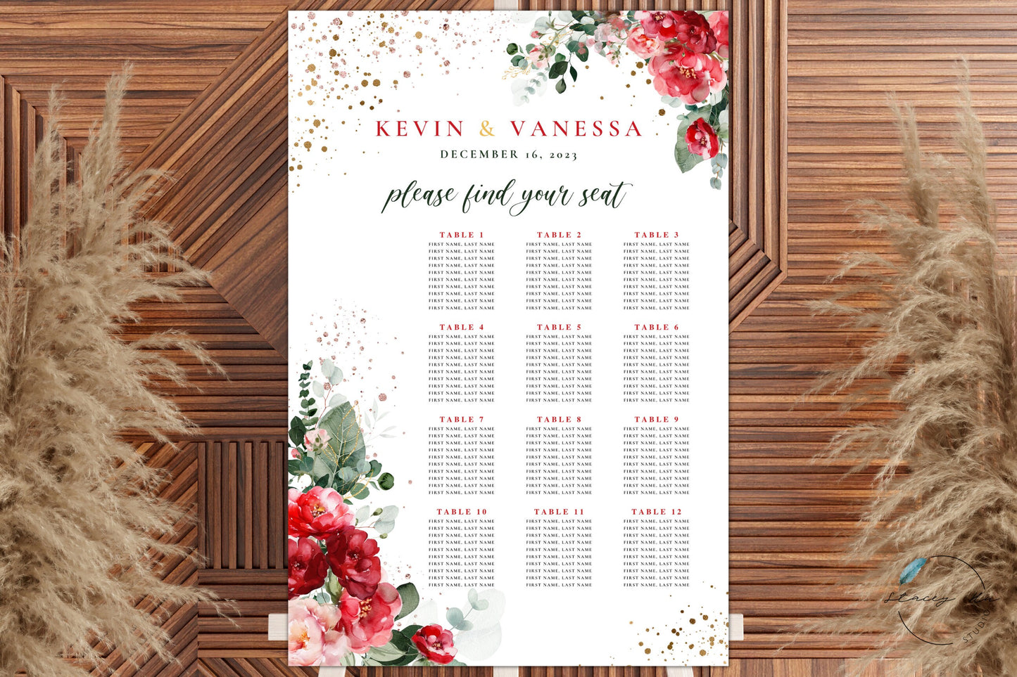 Red and Blush Greenery Wedding Seating Chart | Portrait | 24x36 IN
