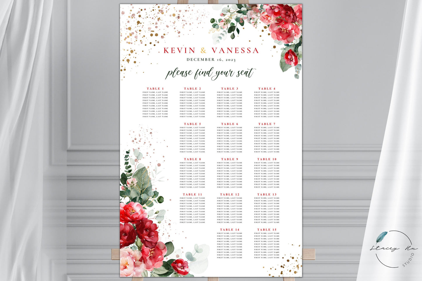 Red and Blush Greenery Wedding Seating Chart | Portrait | 24x36 IN