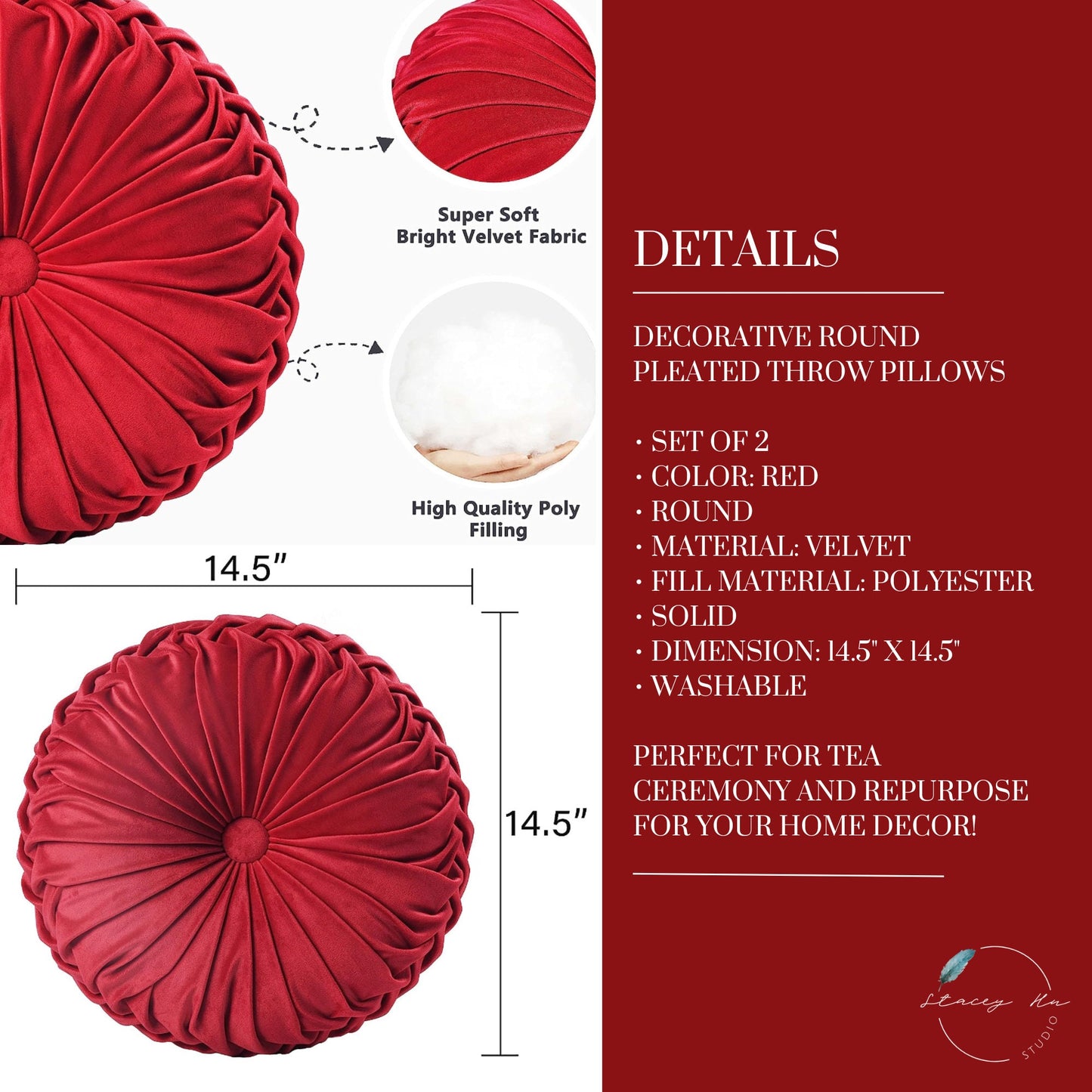 Set of 2 Round Velvet Pleated Pillows | Tea Ceremony