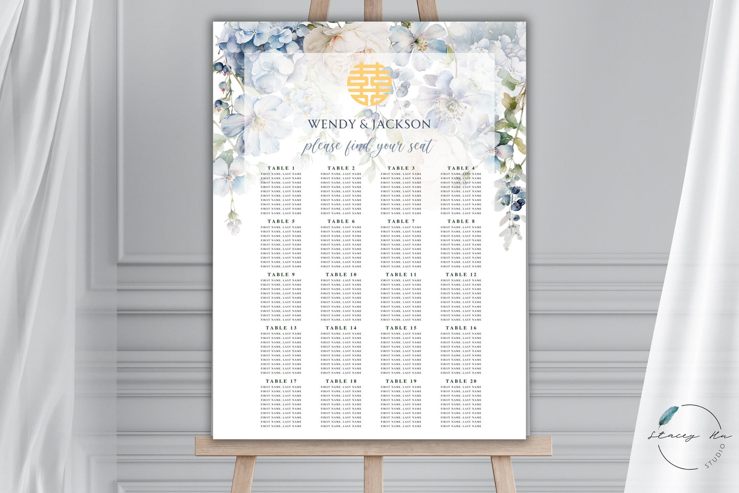 Soft Blue and Ivory Floral Wedding Seating Chart | Portrait | 18x24 IN