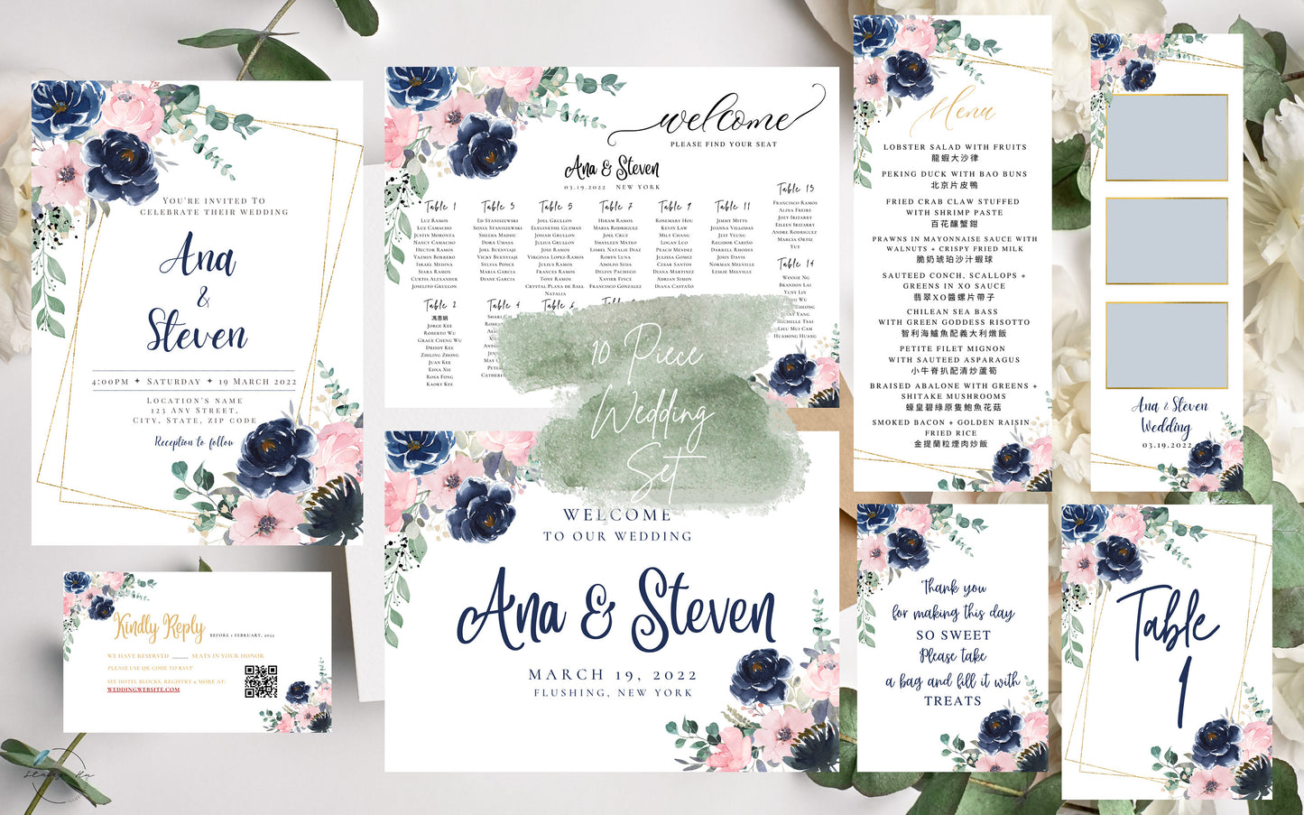 Gold, Blush & Navy Floral Wedding Invitation Card Set | Traditional Chinese & English | 5x7
