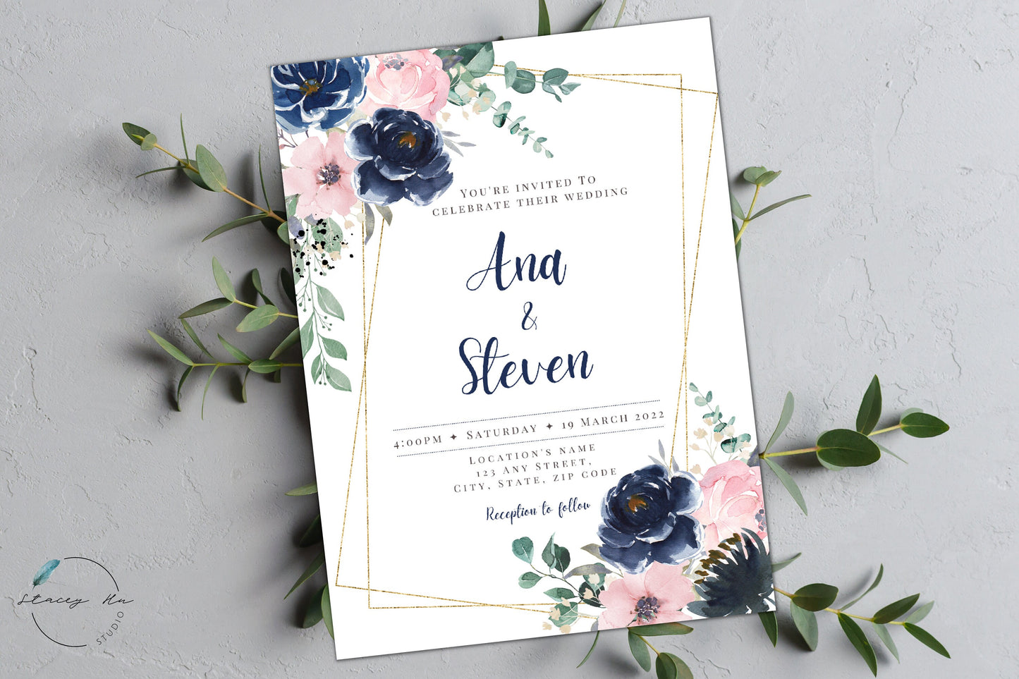Gold, Blush & Navy Floral Wedding Invitation Card Set | Traditional Chinese & English | 5x7