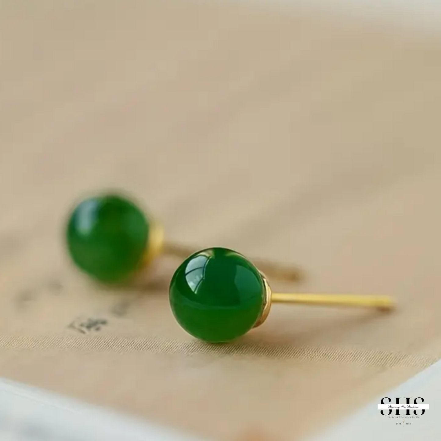 Green Jade 14K Gold Plated Stud Earrings | Personalized Bride Proposal Card | Gift Box Add-on