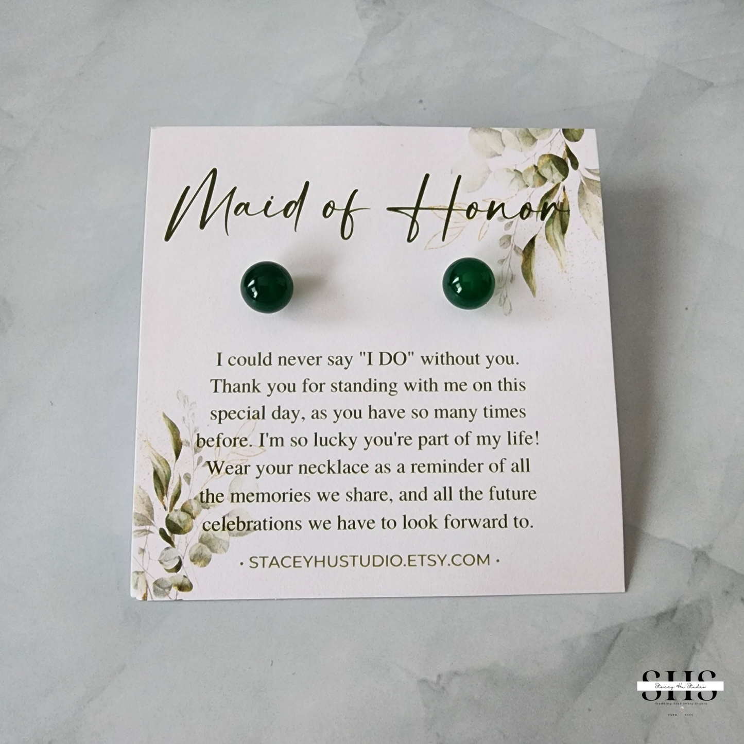 Green Jade 14K Gold Plated Stud Earrings | Personalized Bride Proposal Card | Gift Box Add-on