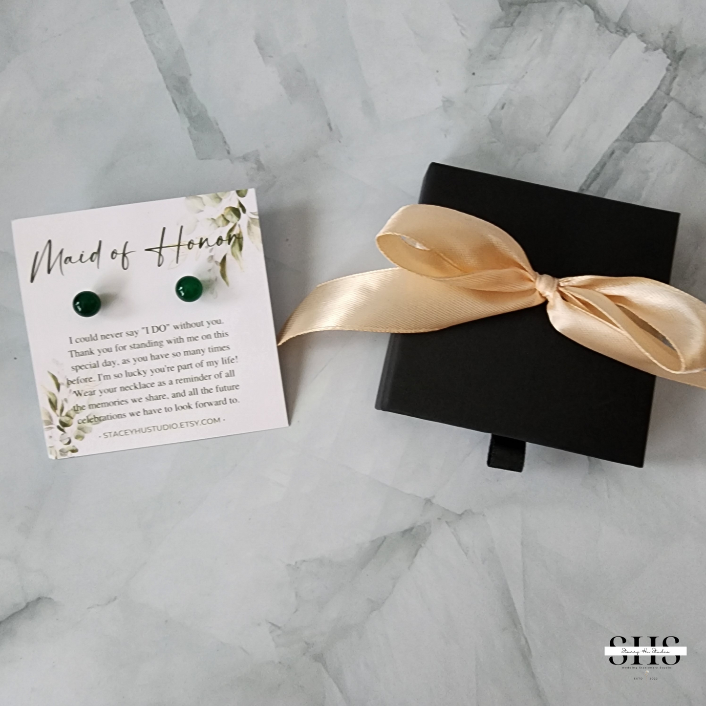 Green Jade 14K Gold Plated Stud Earrings | Personalized Bride Proposal Card | Gift Box Add-on