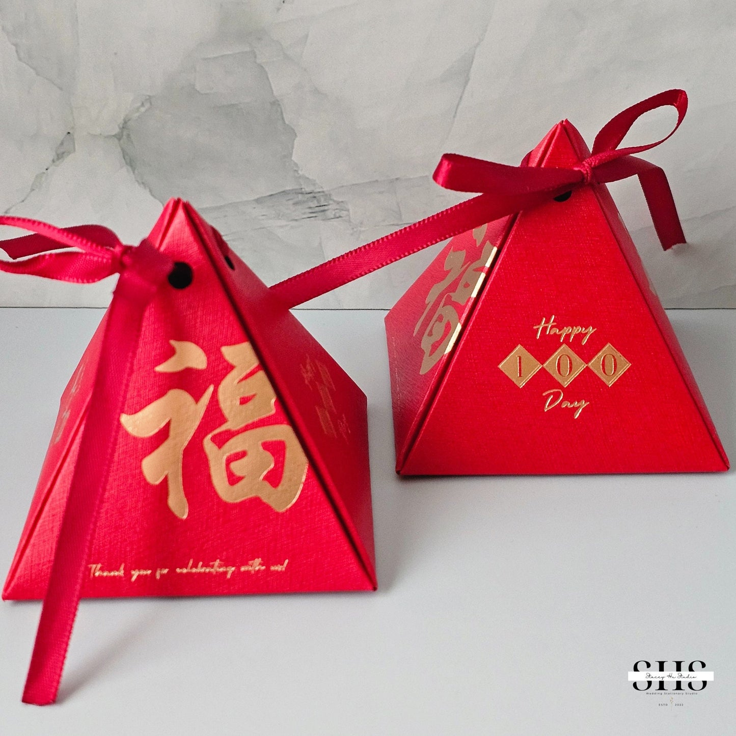 100 Day Celebration | Red Egg and Ginger | Pyramid | Small Party Favor Boxes