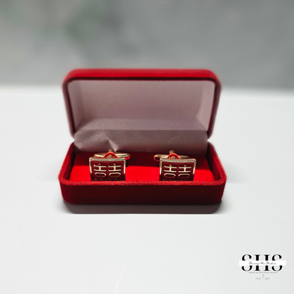 Asian Groom Square Double Happiness Cufflink | Matte Gold