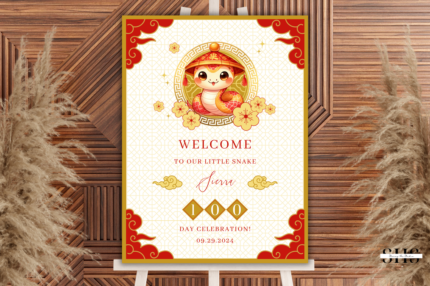 Little Snake 100 Day Celebration Welcome Sign 2025 | Red Egg & Ginger Party | 18x24