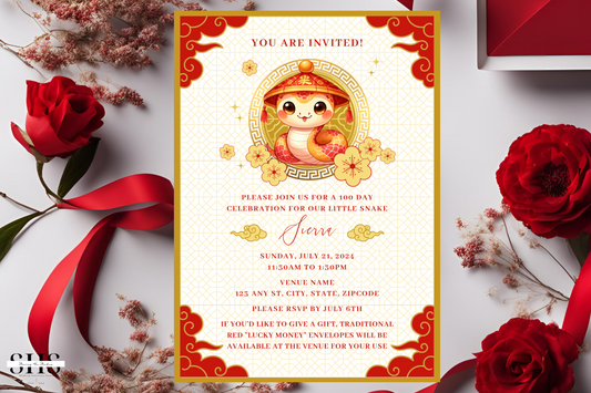 Little Snake 100 Day Celebration Invitation Card 2025 | Red Egg & Ginger Party | 5x7