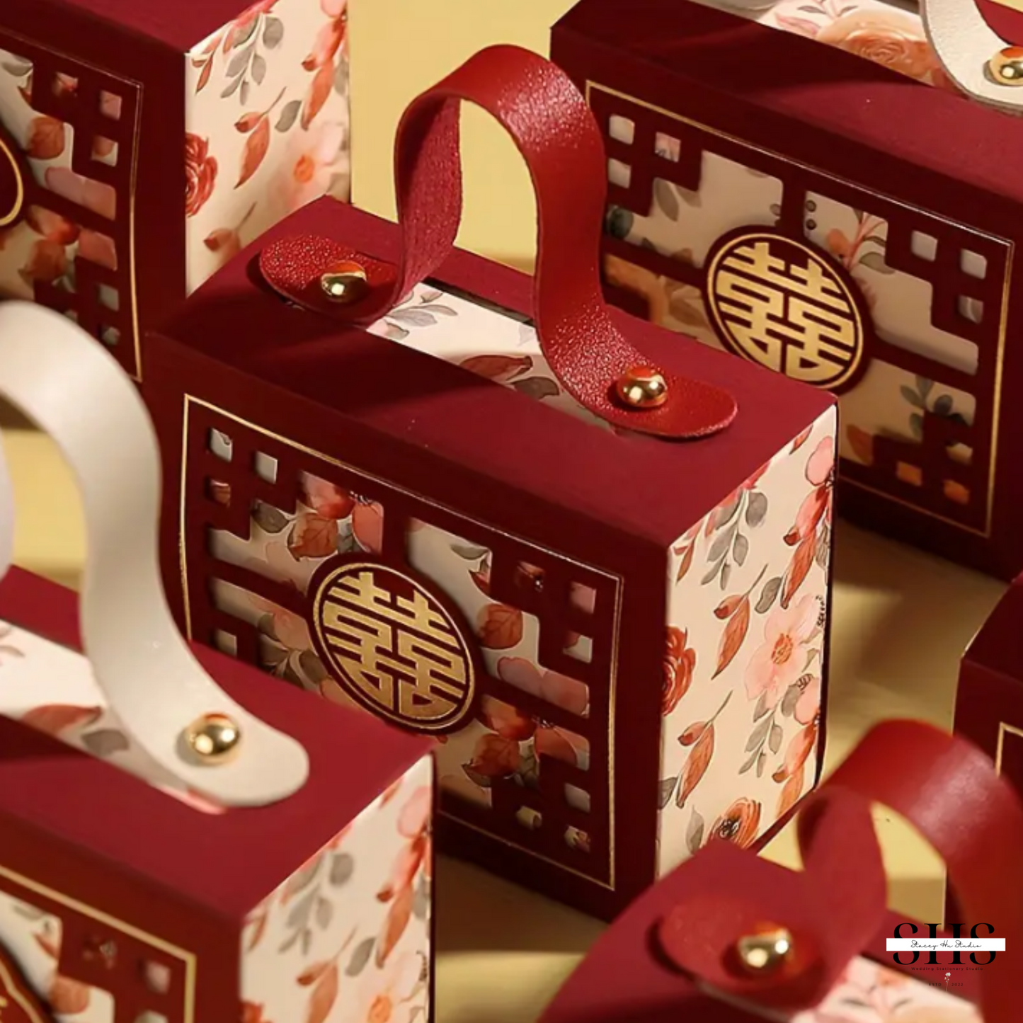 Red and Pink Floral Asian Wedding Portable Party Favor Boxes | Medium