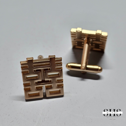 Asian Groom Square Double Happiness Cufflink | Matte Gold