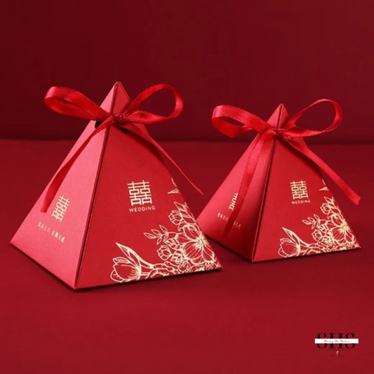 Red & Gold Asian Wedding Pyramid Party Favors Boxes | 2 Sizes | 3 Styles