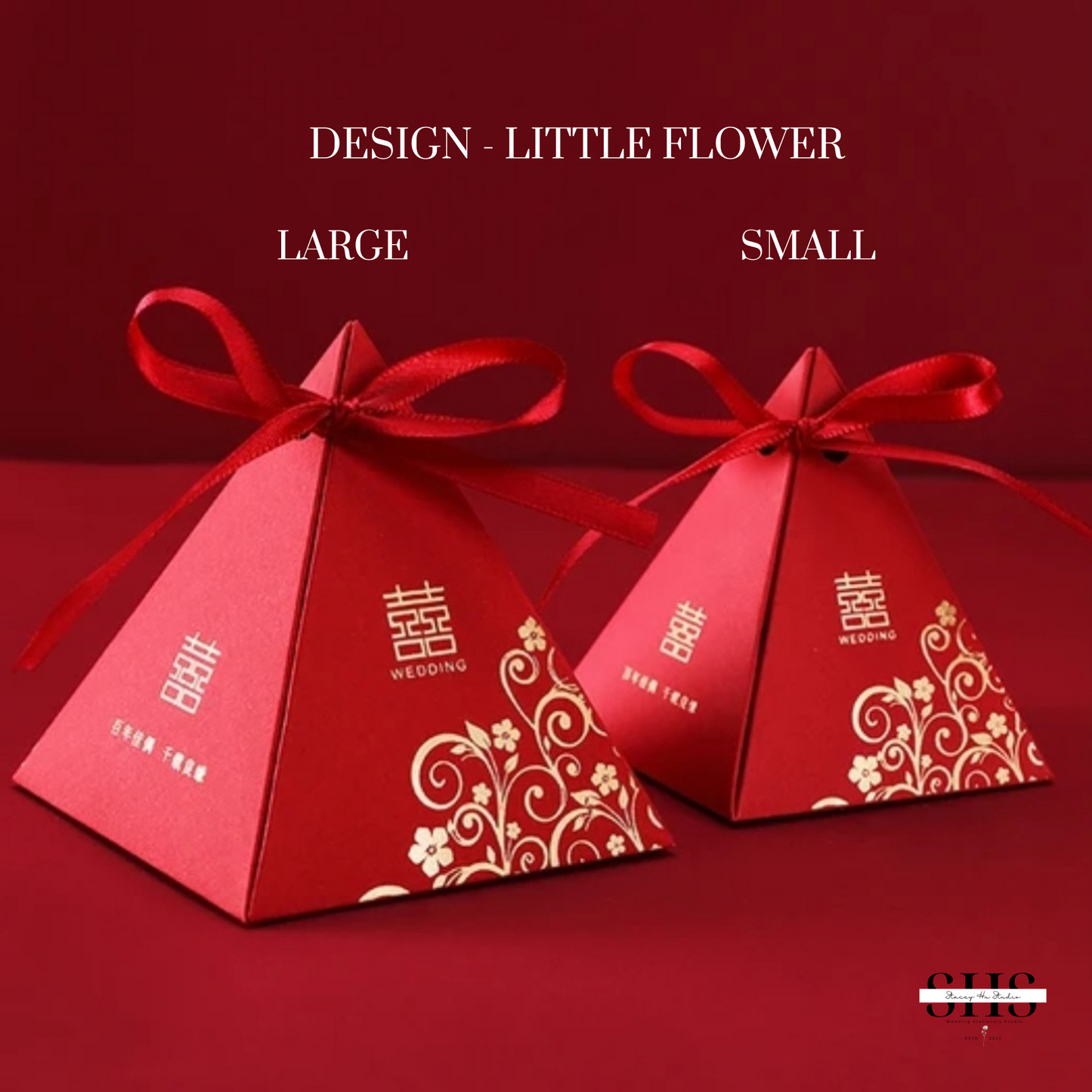 Red & Gold Asian Wedding Pyramid Party Favors Boxes | 2 Sizes | 3 Styles