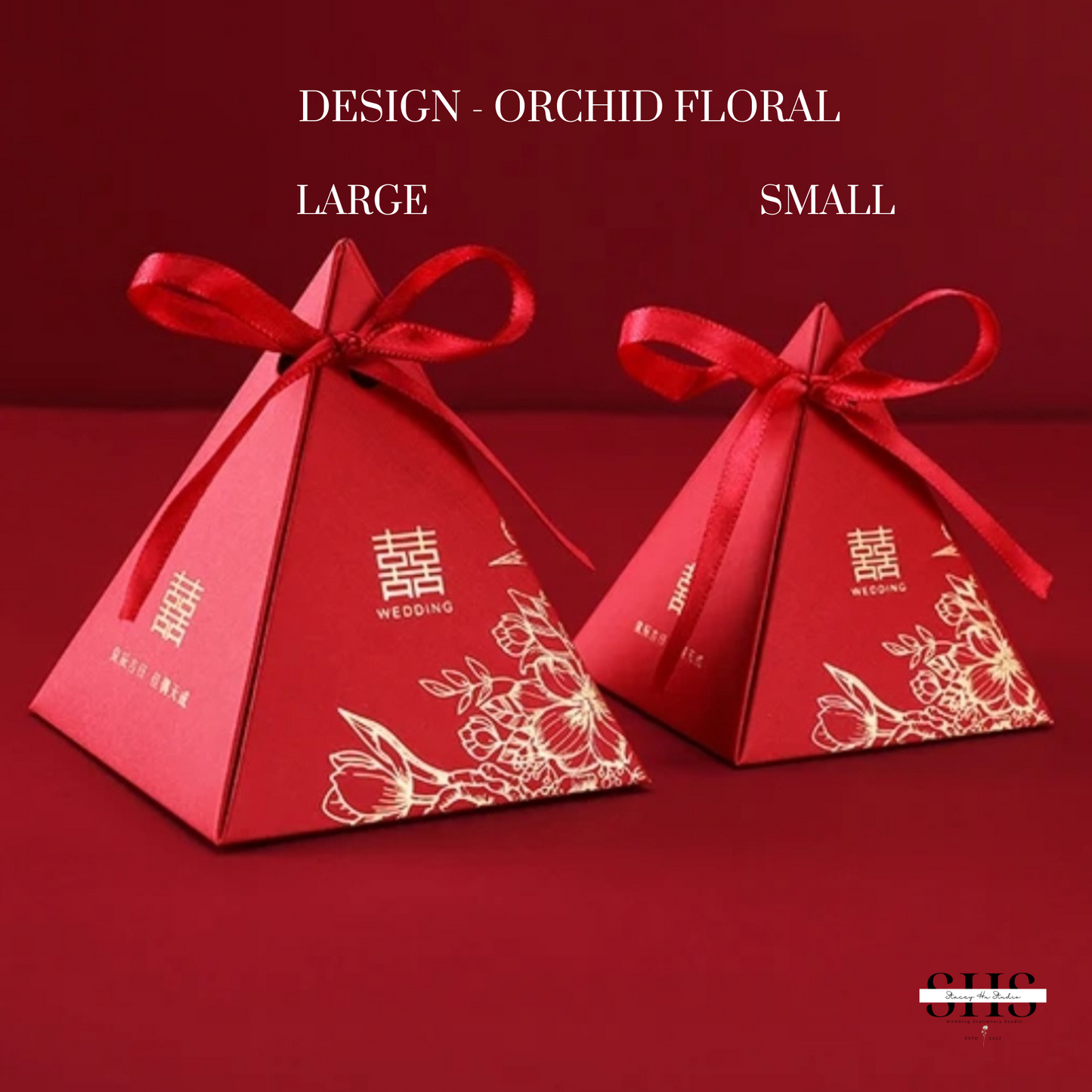 Red & Gold Asian Wedding Pyramid Party Favors Boxes | 2 Sizes | 3 Styles