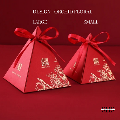 Red & Gold Asian Wedding Pyramid Party Favors Boxes | 2 Sizes | 3 Styles