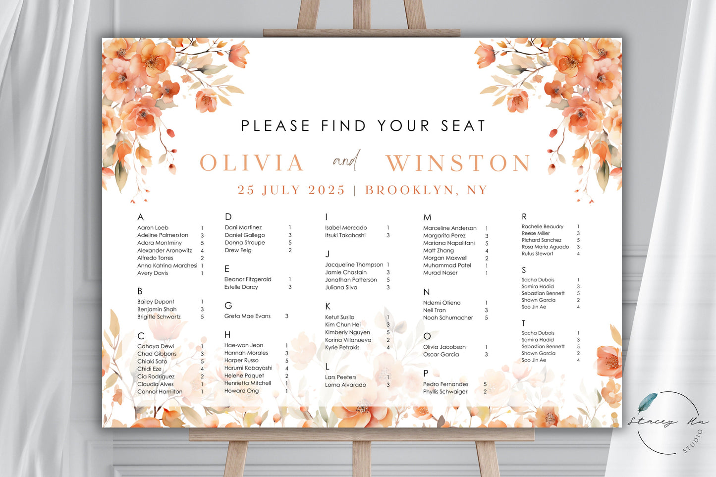 Boho Orange Floral Seating Chart | Alphabetical | Landscape | 18x24