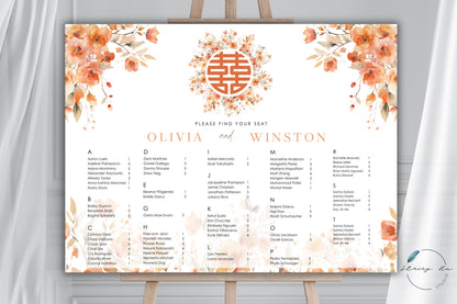 Boho Orange Floral Seating Chart | Alphabetical | Landscape | 18x24