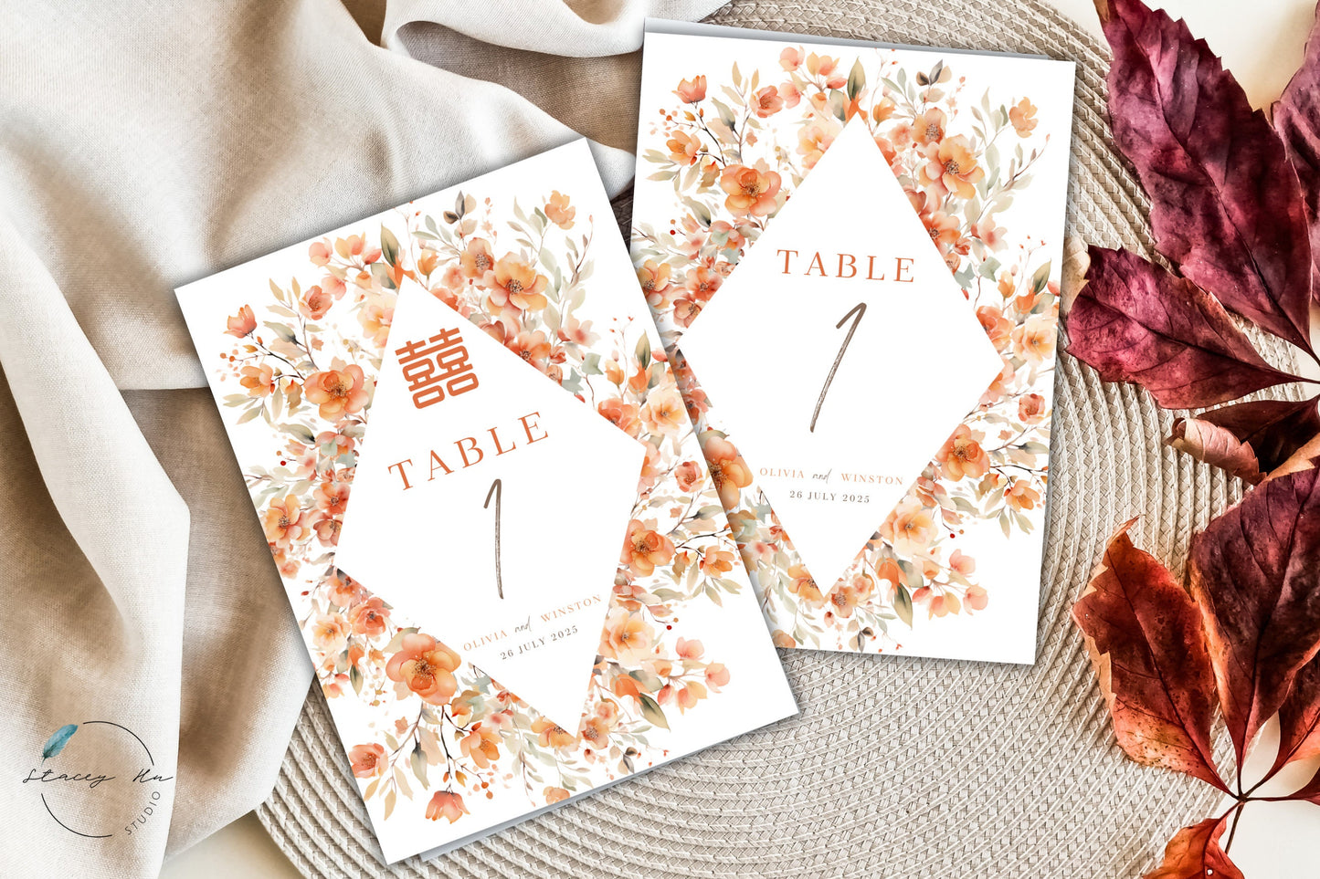 Boho Orange Floral Table Number | 5x7