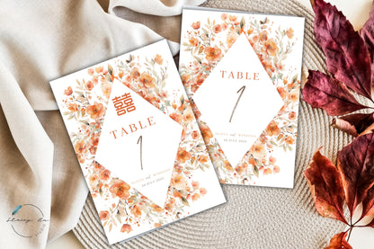 Boho Orange Floral Table Number | 5x7