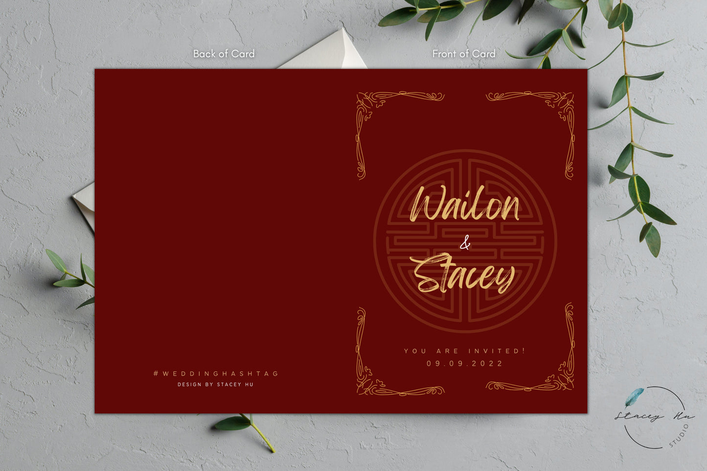 Burgundy and Gold Asian Wedding Folded Invitation Card | Modern Chinese & English | 5x7 IN