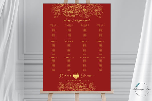 Burgundy and Gold Line Floral Wedding Seating Chart | Portrait | 18x24 IN