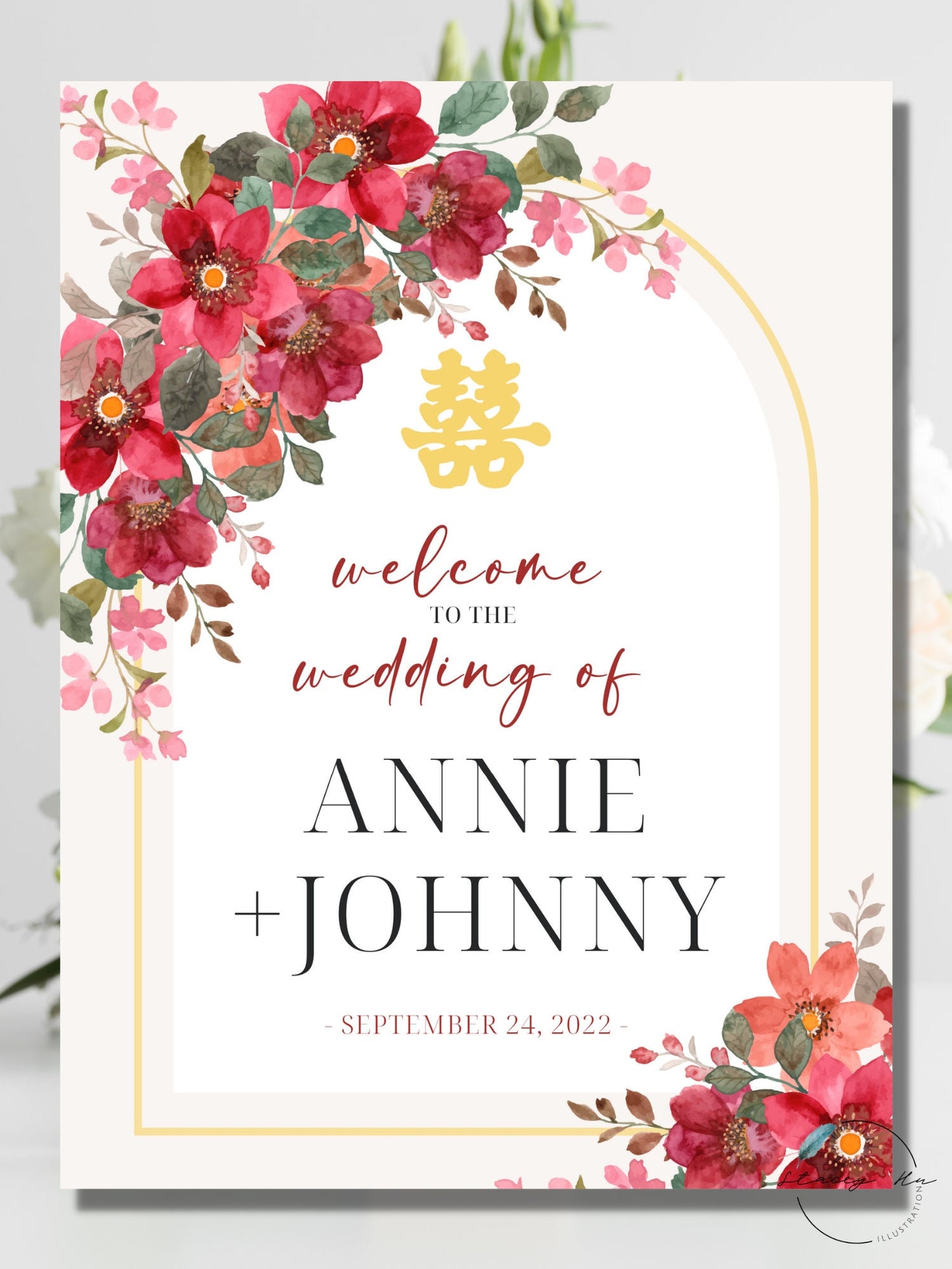 Cream and Red Floral Wedding Welcome Sign | Portrait | 18x24 IN
