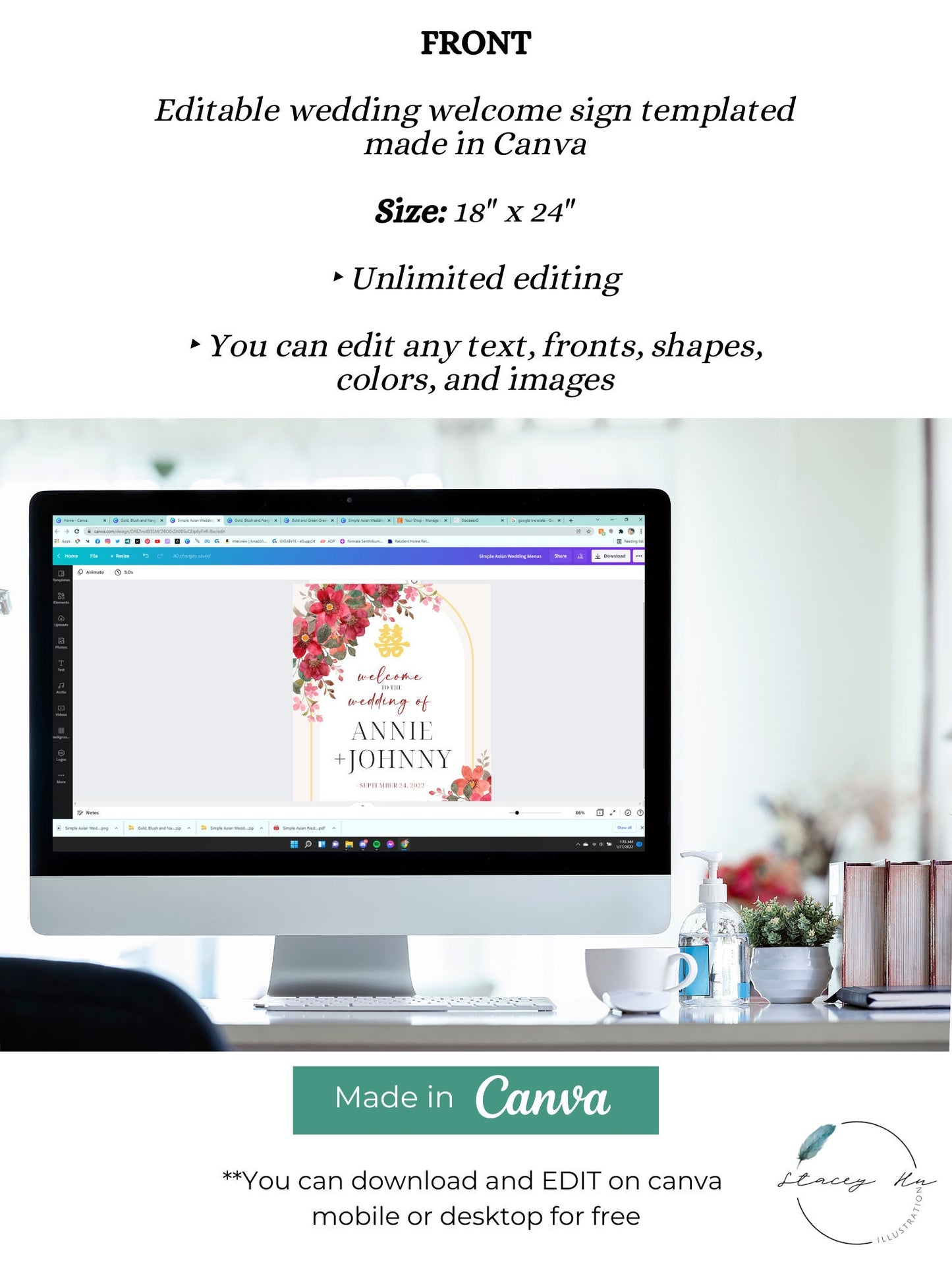 Cream and Red Floral Wedding Welcome Sign | Portrait | 18x24 IN