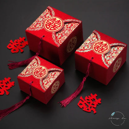Elegant Red & Gold Foil Asian Wedding Square Party Favors Boxes | 3 Sizes