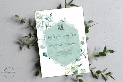 Geometric Green Wedding Invitation Set | Traditional Chinese & English | 5x7 IN