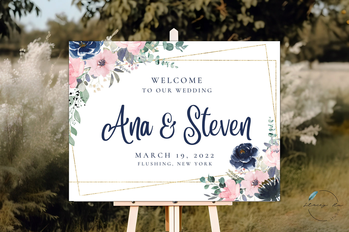 Gold Blush and Navy Floral Wedding Welcome Sign | Landscape | 18x24 IN