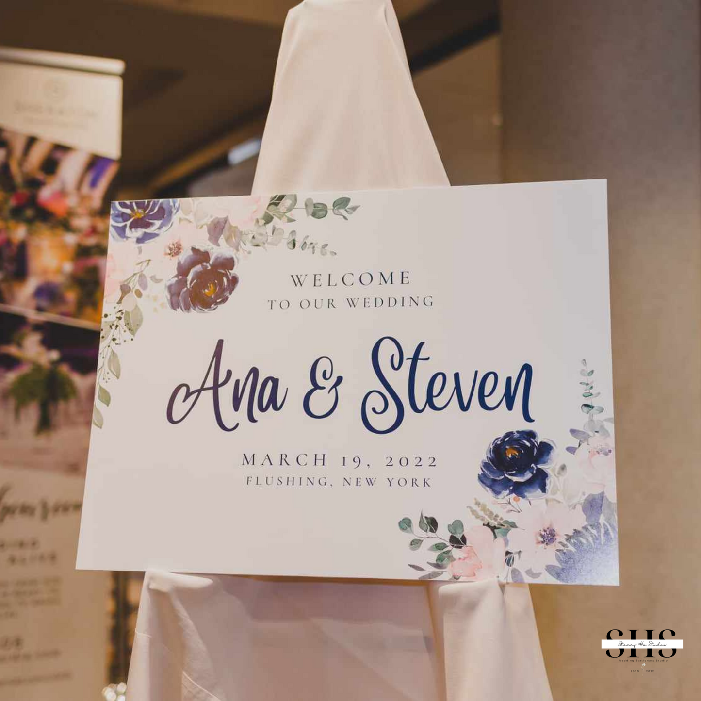 Gold Blush and Navy Floral Wedding Welcome Sign | Landscape | 18x24 IN