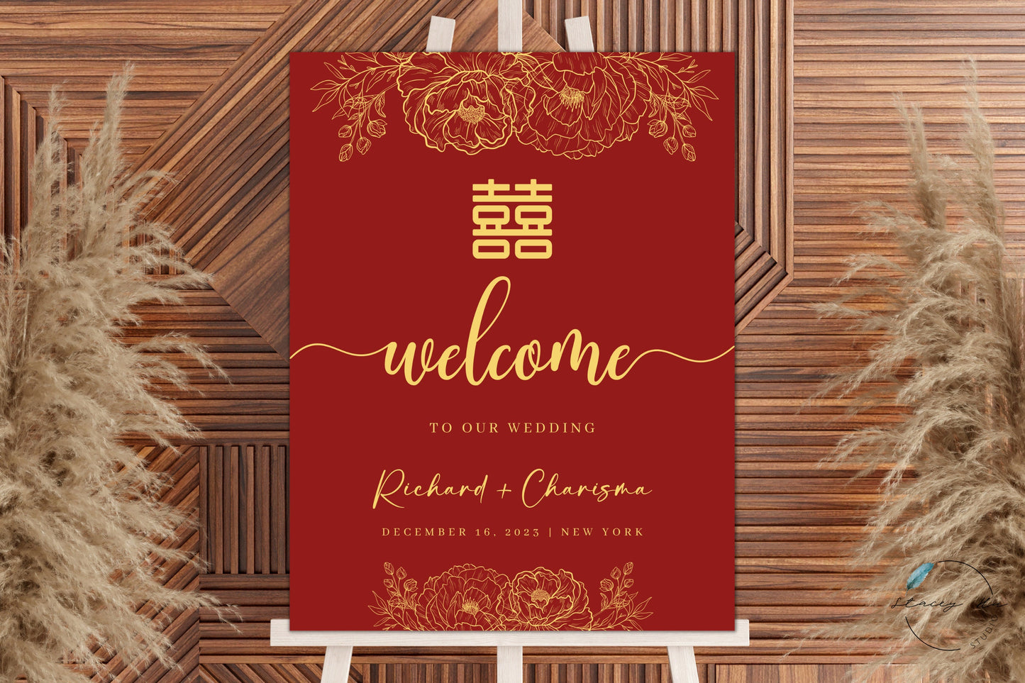 Gold Lined Floral and Red Wedding Welcome Sign | Portrait | 18x24 IN