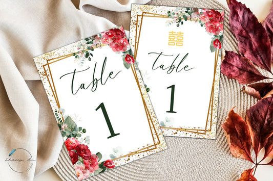 Gold Red and Blush Greenery Table Number | 5x7 IN