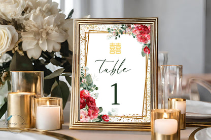 Gold Red and Blush Greenery Table Number | 5x7 IN