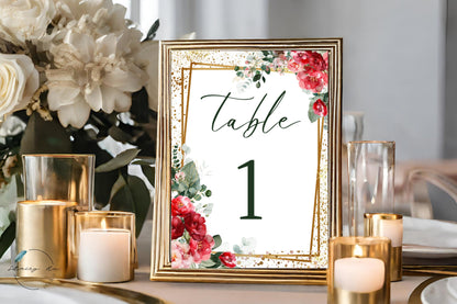 Gold Red and Blush Greenery Table Number | 5x7 IN