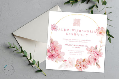 Gold and Pink Sakura Square Wedding Invitation Set | Traditional Chinese & English | 5.5x5.5 IN