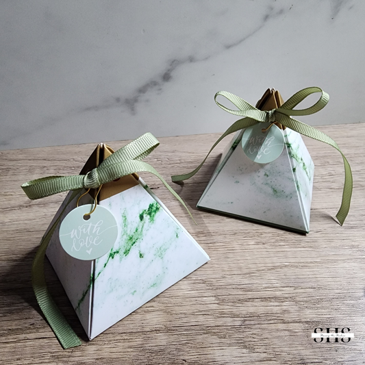 Green and White Marble Pyramid Party Favor Boxes | Small