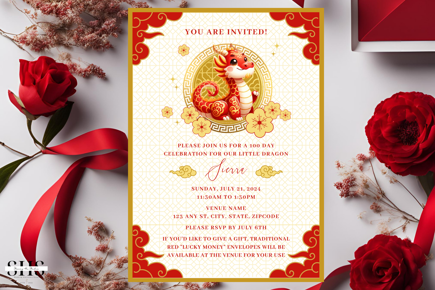 Little Dragon 100 Day Celebration Invitation Card 2024 | Red Egg & Ginger Party | 5x7