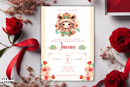 Little Dragon 100 Day Celebration Invitation Card 2024 | Red Egg & Ginger Party | 5x7