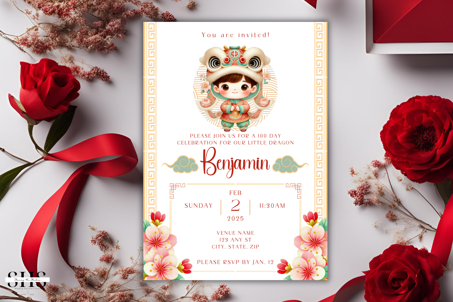 Little Dragon 100 Day Celebration Invitation Card 2024 | Red Egg & Ginger Party | 5x7