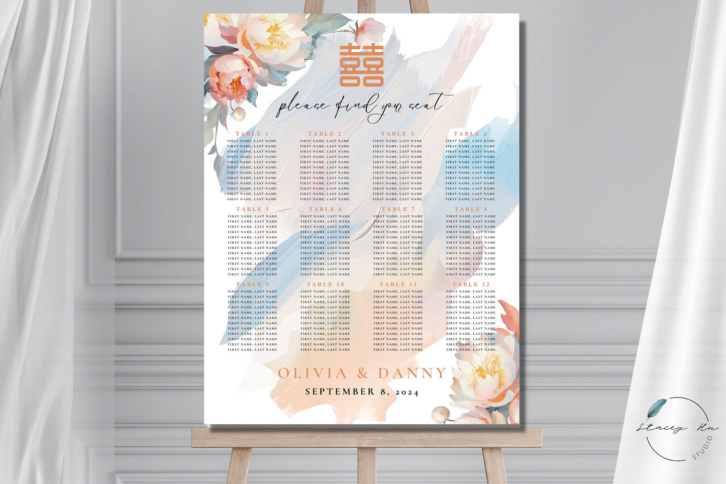 Lush Peony Garden Asian Wedding Seating Chart | Portrait | 18x24 IN
