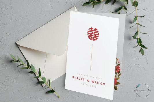 Minimal Asian Wedding Folded Invitation Card | Modern Chinese & English | 5x7 IN